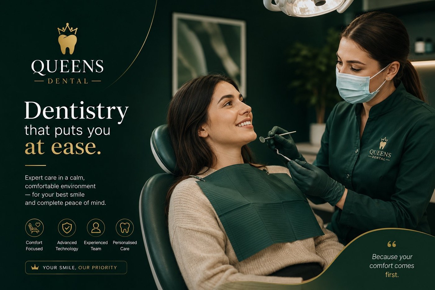 Queens Dental — dentistry that puts you at ease, with expert care in a calm, comfortable environment