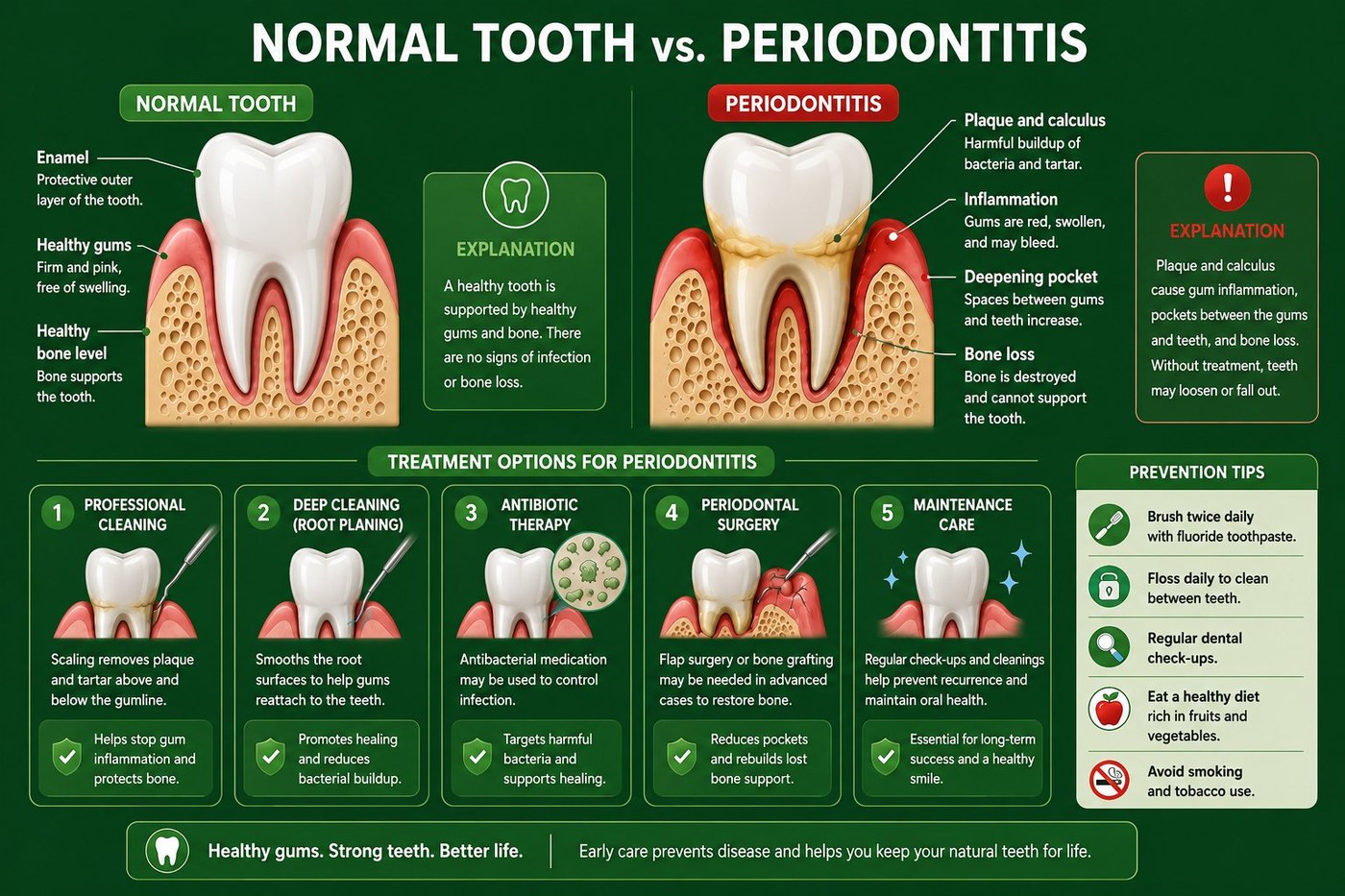 Comparison of a normal healthy tooth versus periodontitis, with treatment and prevention tips