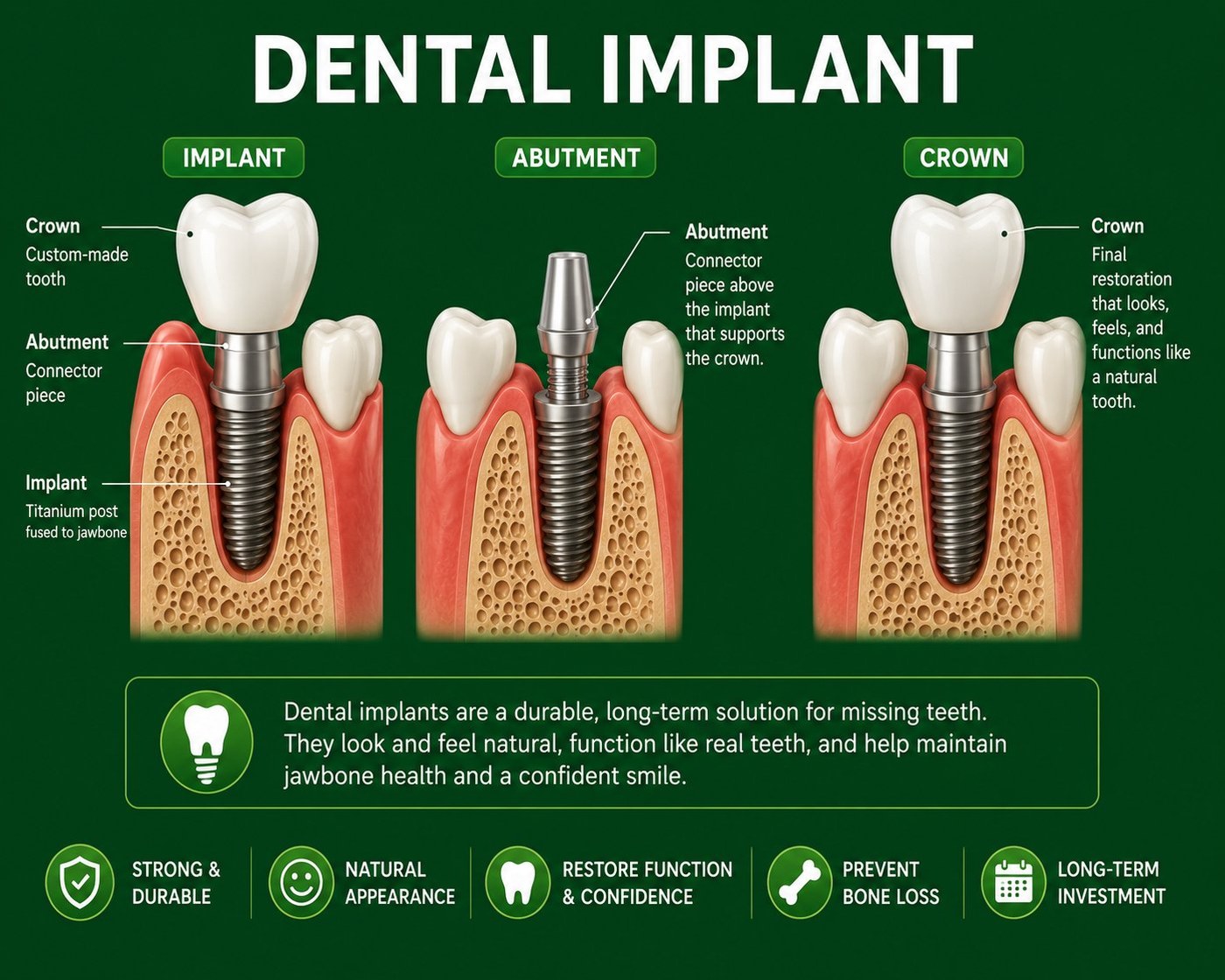 Dental implant stages: the implant post placed in the bone, the abutment fitted, and the crown attached